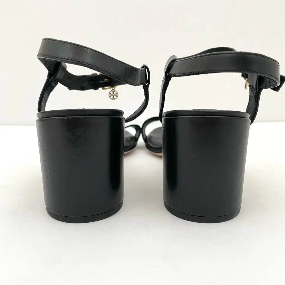 Tory Burch Black Leather Block Heel Sandals with Gold Buckle